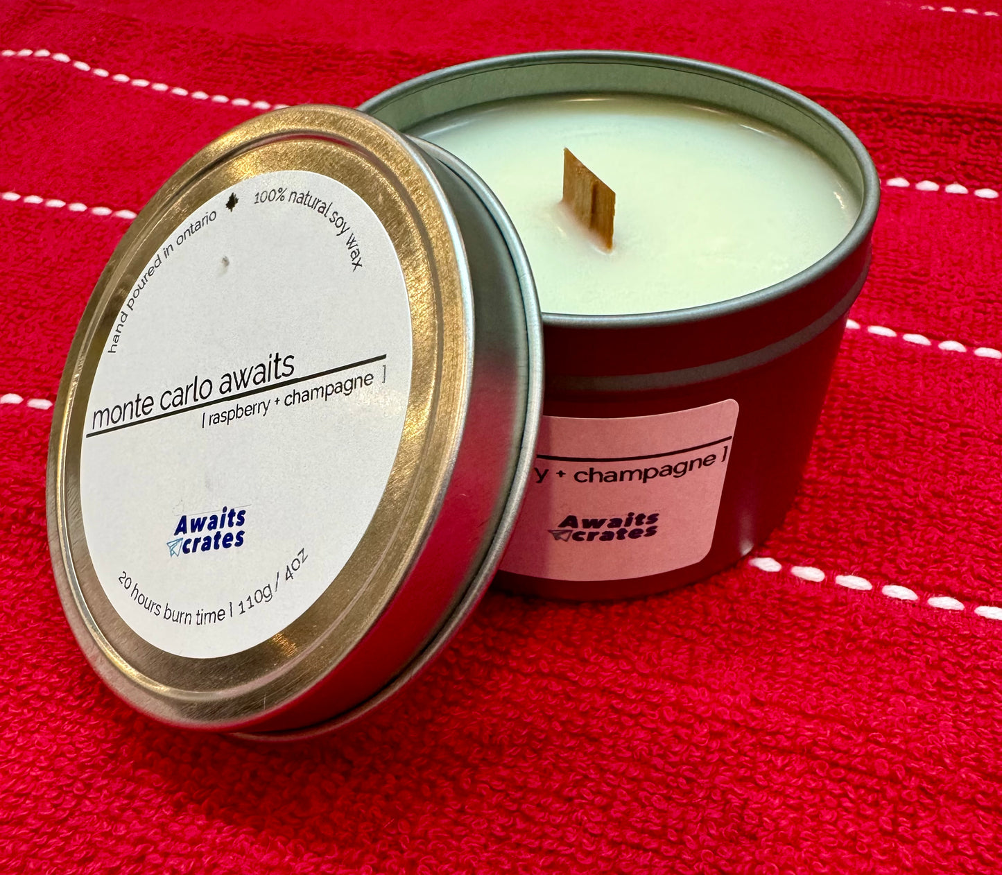 Monte Carlo Awaits Luxury Soy Wood Wick Candle: raspberry + champagne