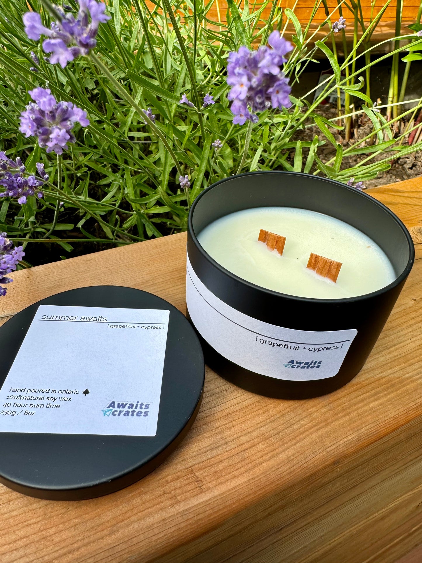 Summer Awaits Luxury Soy Wood Wick Candle: grapefruit + cypress