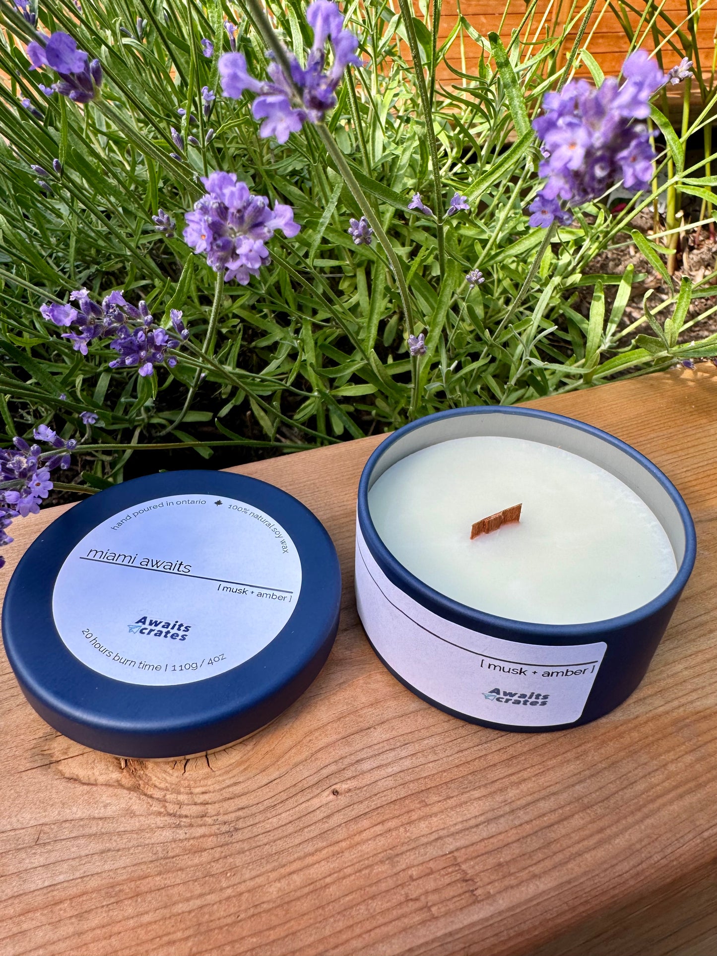 Miami Awaits Luxury Soy Wood Wick Candle: musk + amber