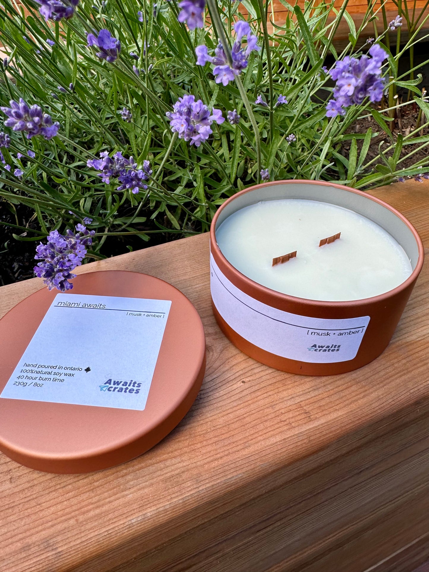 Miami Awaits Luxury Soy Wood Wick Candle: musk + amber