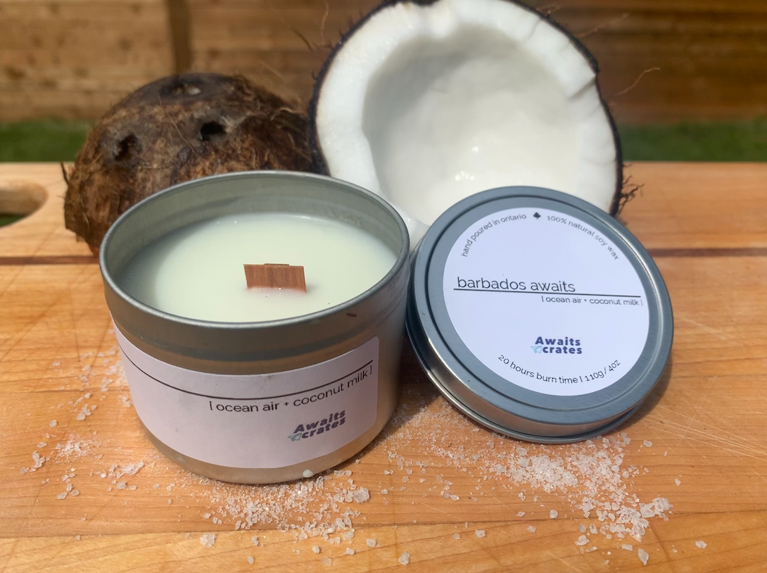 Barbados Awaits Luxury Soy Wood Wick Candle: ocean air + coconut milk