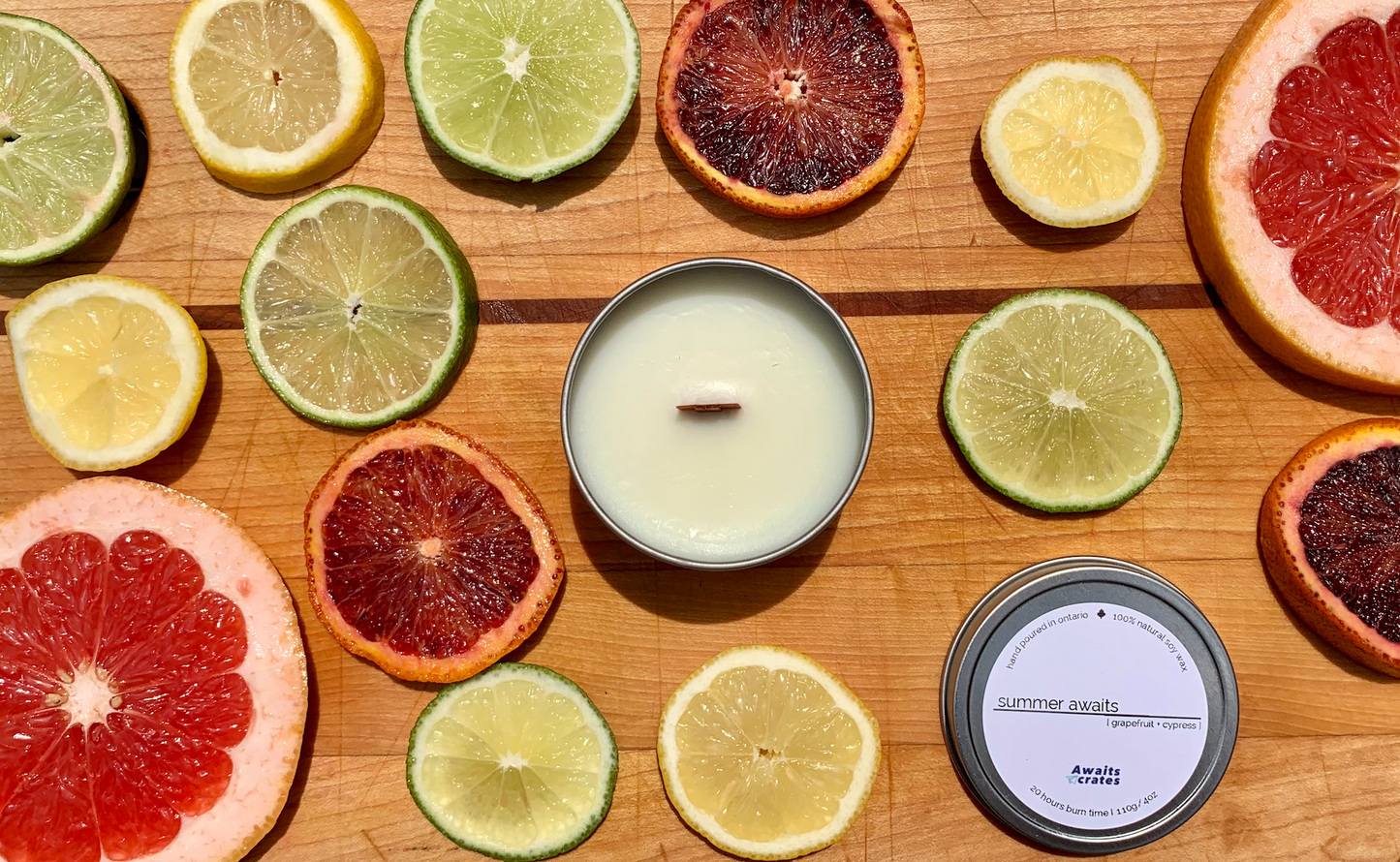 Summer Awaits Luxury Soy Wood Wick Candle: grapefruit + cypress