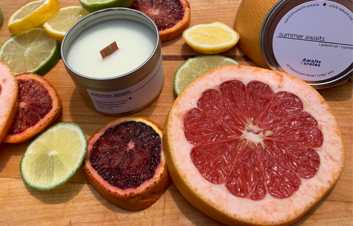 Summer Awaits Luxury Soy Wood Wick Candle: grapefruit + cypress
