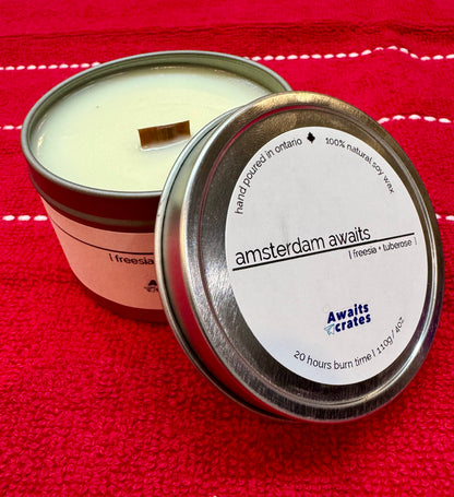 Amsterdam Awaits Luxury Soy Wood Wick Candle: freesia + tuberose