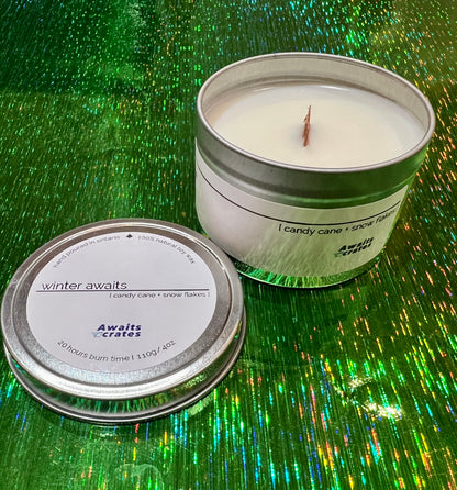 Winter Awaits Luxury Soy Wood Wick Candle: candy cane + snow flakes
