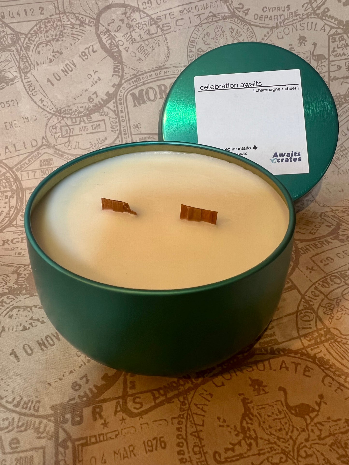 Celebration Awaits Luxury Soy Wood Wick Candle: champagne + cheer