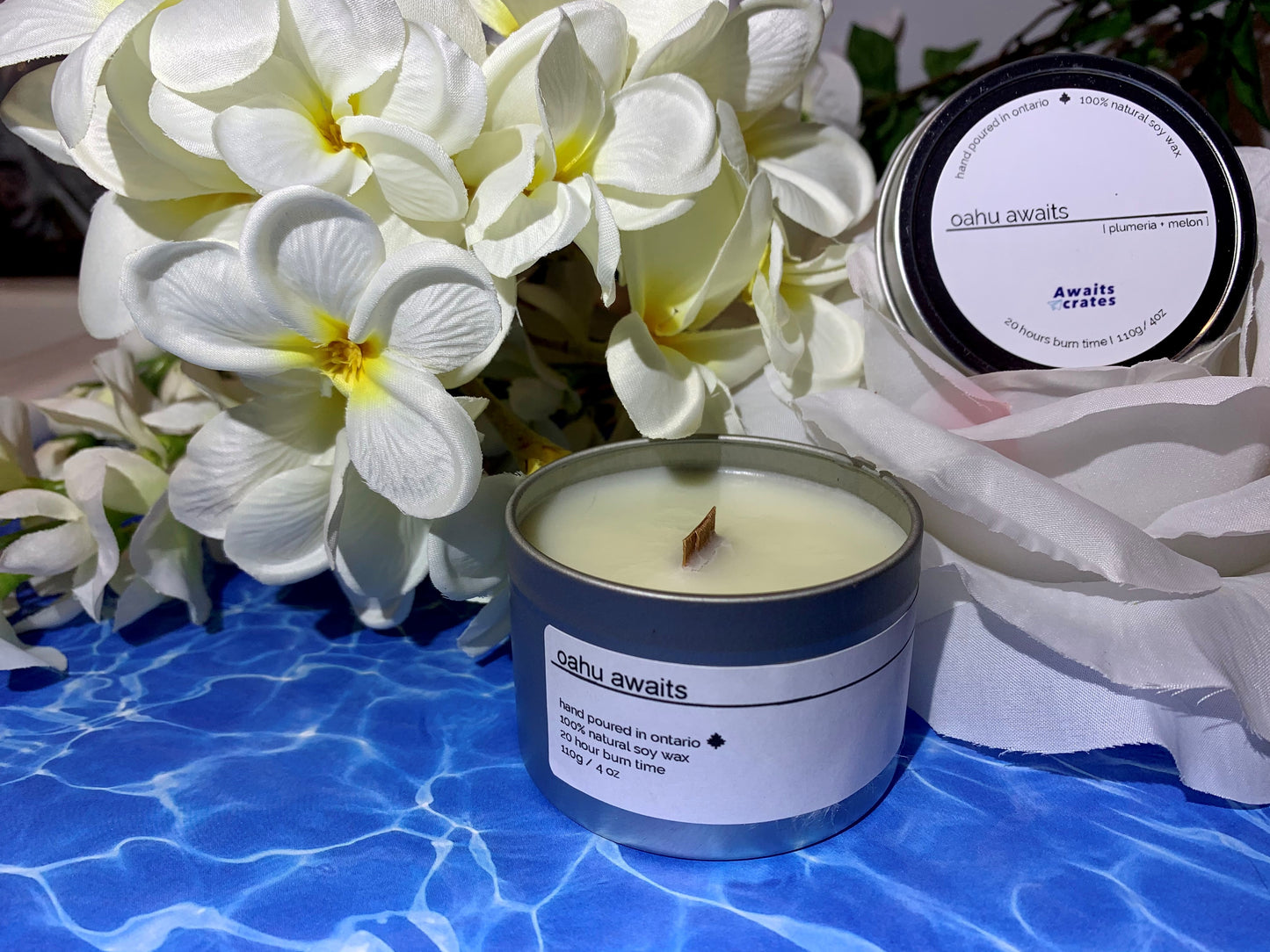 Oahu Awaits Luxury Soy Wood Wick Candle: plumeria + melon